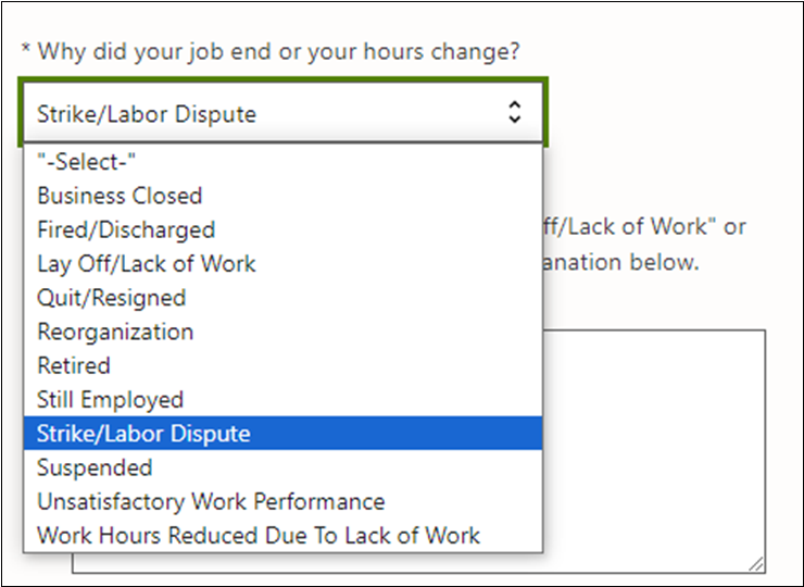 screenshot of the dropdown menu in the unemployment application showing the strike option highlighted